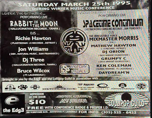The Edge flyer, March 25, 1995, during Winter Music Conference: Rabbit in the Moon, Spacetime Continuum, Mixmaster Morris