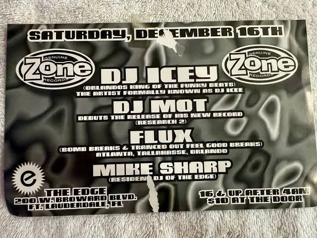The Edge flyer: DJ Icey, DJ Mot, Flux and the resident DJ Sharpe