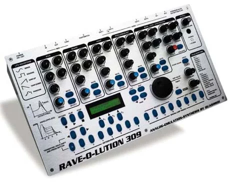 The Quasimidi Rave-O-Lution 309, a silver groovebox covered in knobs and blue buttons